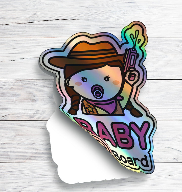 Baby on Board Car Sticker - Baby Cowgirl Character Design  - Holographic & Weather-Resistant