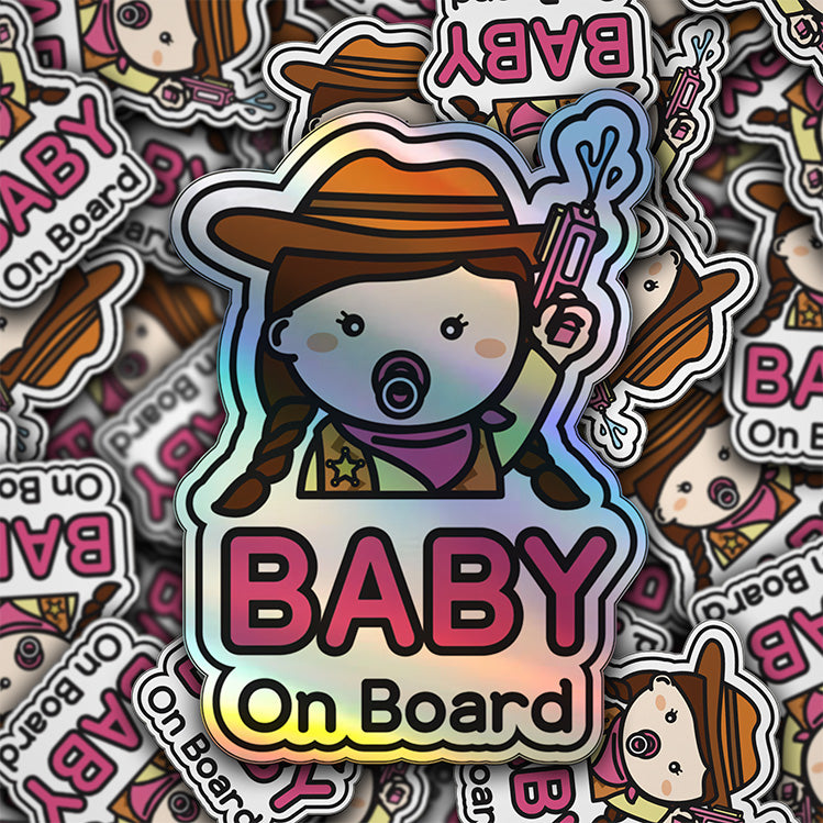 Baby on Board Car Sticker - Baby Cowgirl Character Design  - Holographic & Weather-Resistant