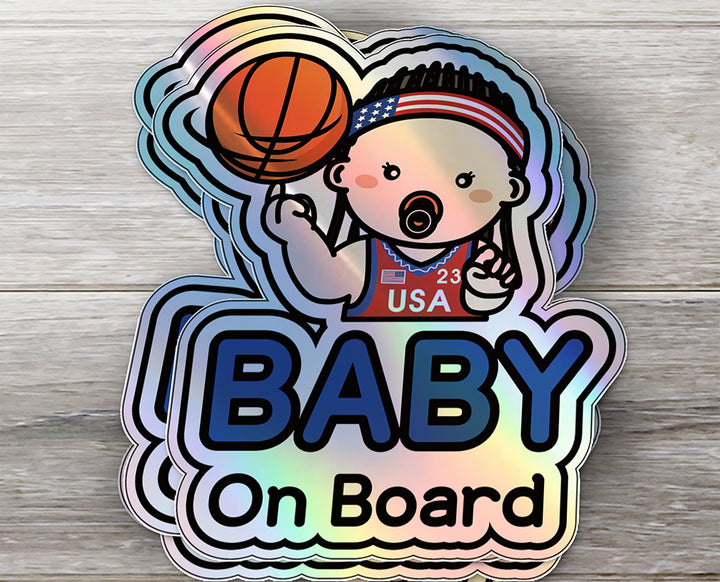 Baby on Board Car Sticker - Baby Boy Basketball Player Character Design  - Holographic & Weather-Resistant