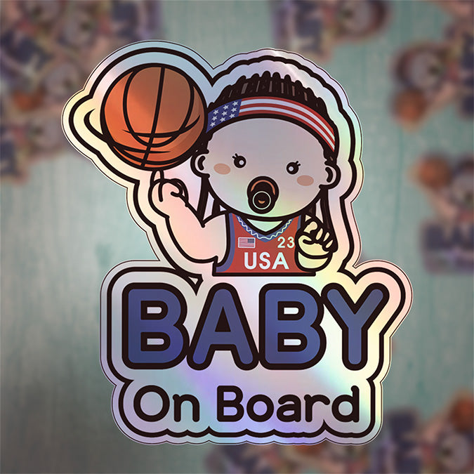 Baby on Board Car Sticker - Baby Boy Basketball Player Character Design  - Holographic & Weather-Resistant