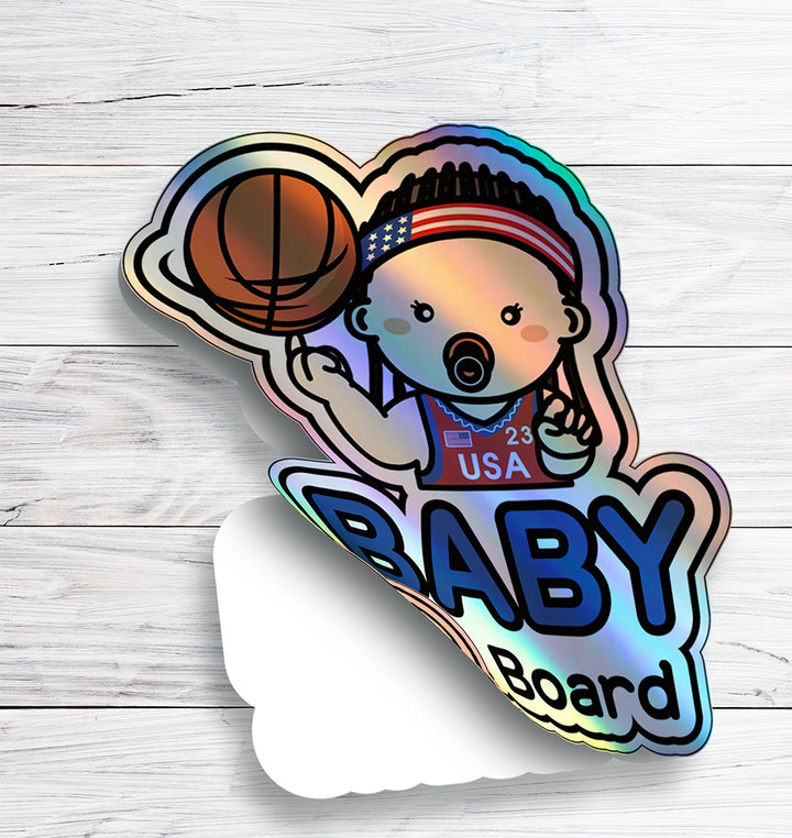 Baby on Board Car Sticker - Baby Boy Basketball Player Character Design  - Holographic & Weather-Resistant