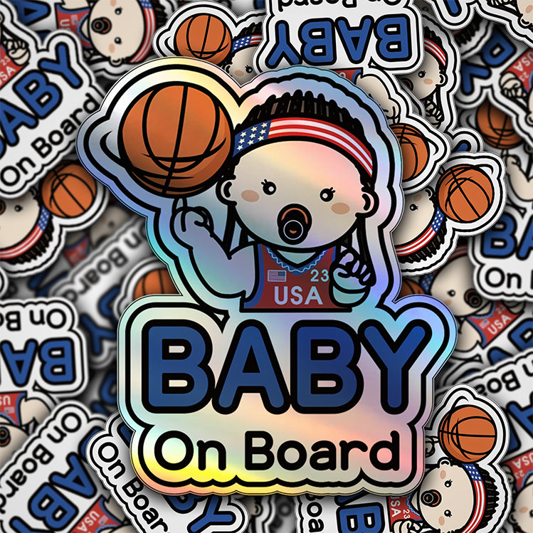 Baby on Board Car Sticker - Baby Boy Basketball Player Character Design  - Holographic & Weather-Resistant