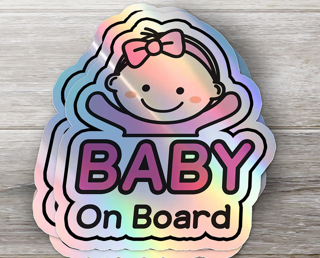 Baby on Board Car Sticker - Baby Girl Character Design  - Holographic & Weather-Resistant