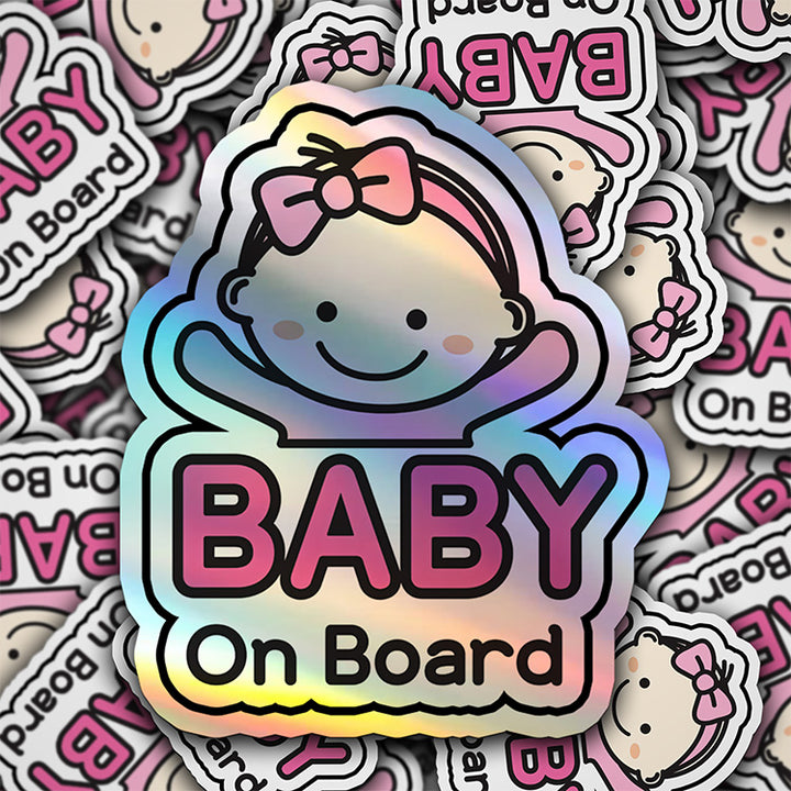 Baby on Board Car Sticker - Baby Girl Character Design  - Holographic & Weather-Resistant