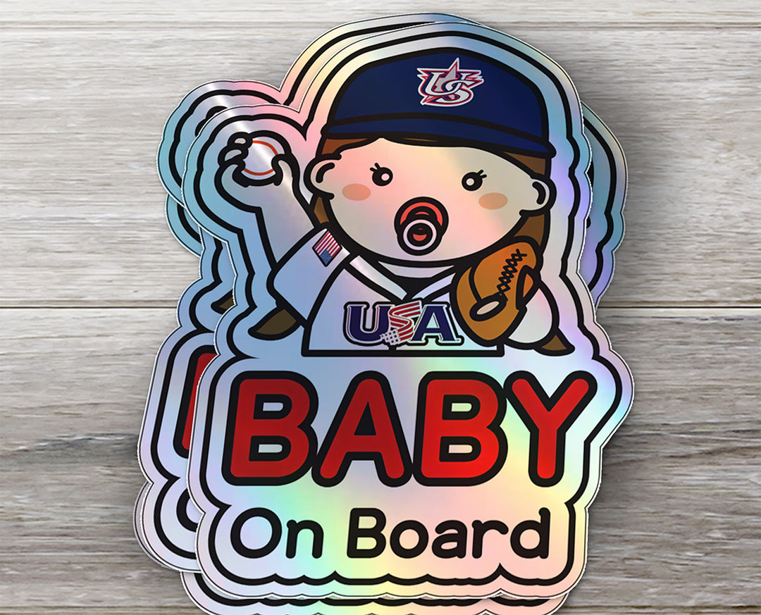 Baby on Board Car Sticker - Baby Girl Baseball Player Character Design  - Holographic & Weather-Resistant