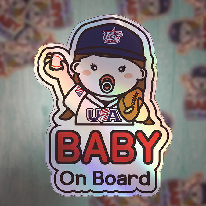 Baby on Board Car Sticker - Baby Girl Baseball Player Character Design  - Holographic & Weather-Resistant