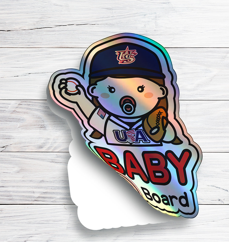 Baby on Board Car Sticker - Baby Girl Baseball Player Character Design  - Holographic & Weather-Resistant