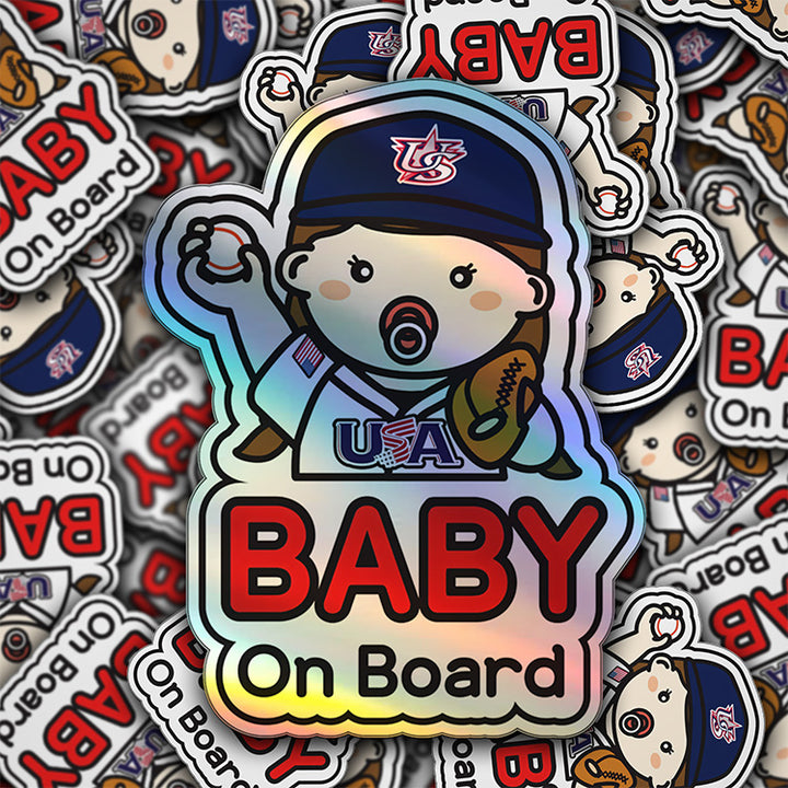 Baby on Board Car Sticker - Baby Girl Baseball Player Character Design  - Holographic & Weather-Resistant