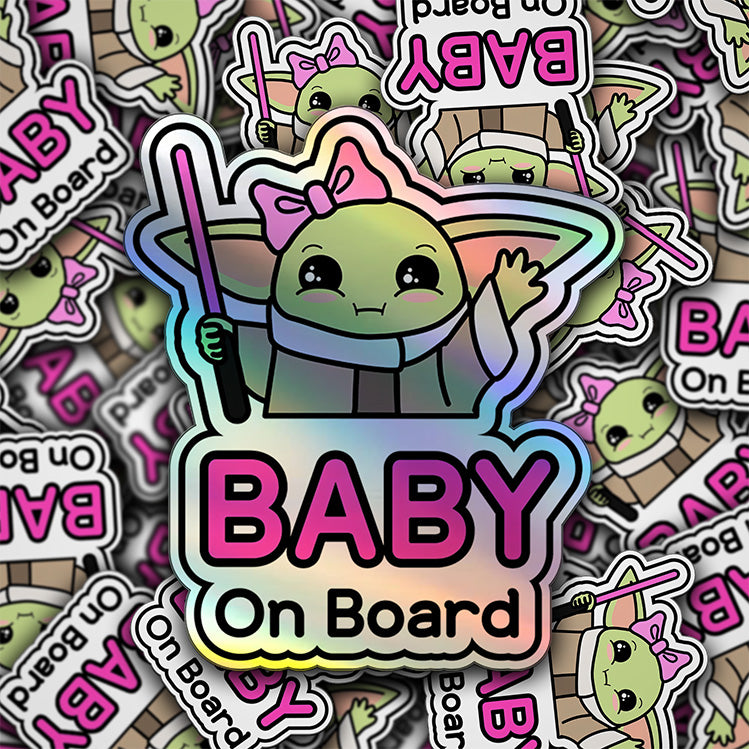 Baby on Board Car Sticker - Baby Girl Yoda Character Design  - Holographic & Weather-Resistant