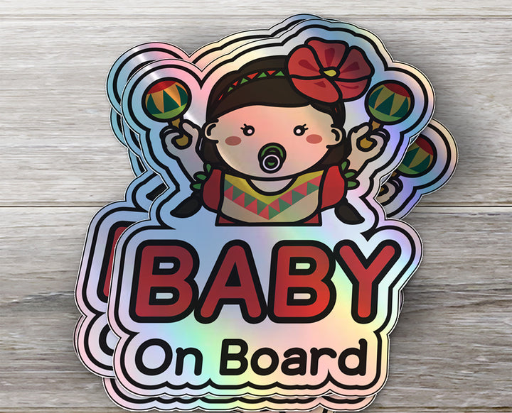 Baby on Board Car Sticker - Baby Hispanic American Girl Character Design  - Holographic & Weather-Resistant