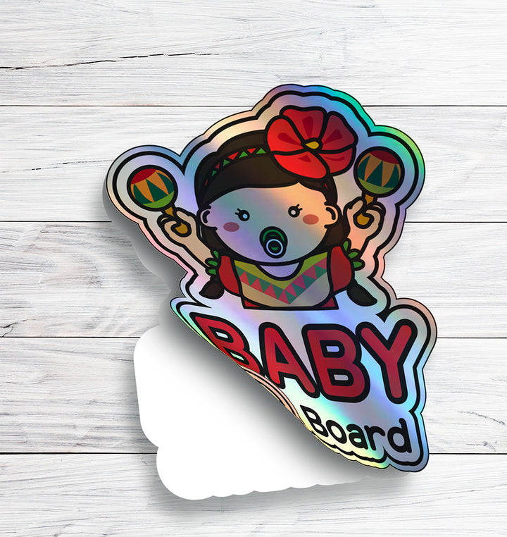 Baby on Board Car Sticker - Baby Hispanic American Girl Character Design  - Holographic & Weather-Resistant