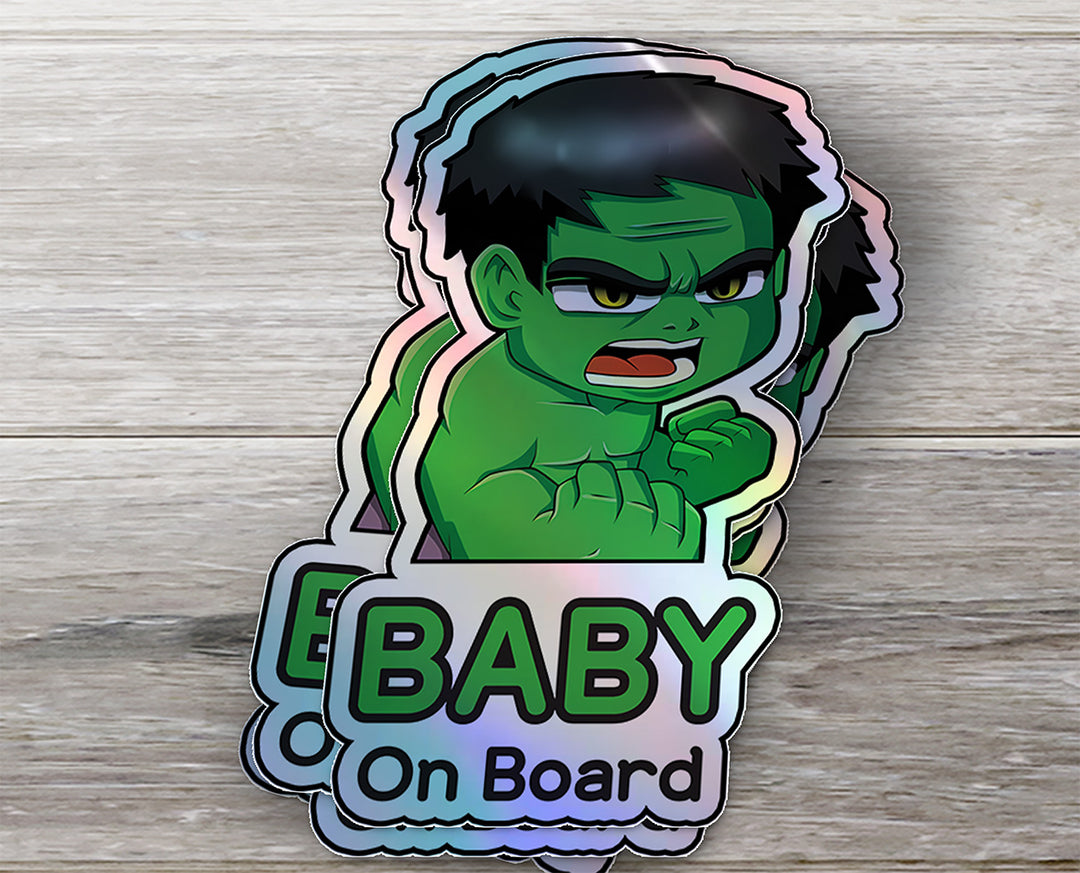 Holographic Baby On Board Hulk Sticker | Cute Marvel Superhero Inspired Chibi Car Decal | Baby Safety Sticker | Avengers Car Decor