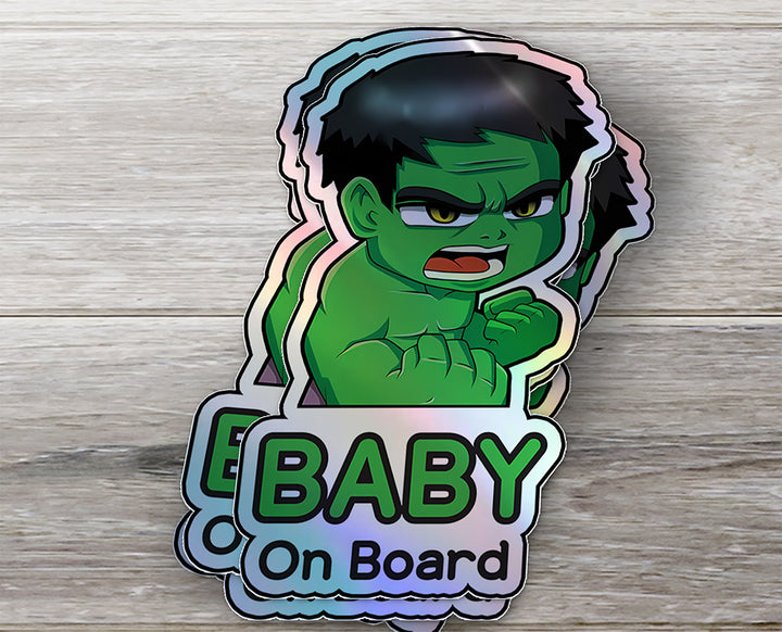 Holographic Baby On Board Hulk Sticker | Cute Marvel Superhero Inspired Chibi Car Decal | Baby Safety Sticker | Avengers Car Decor