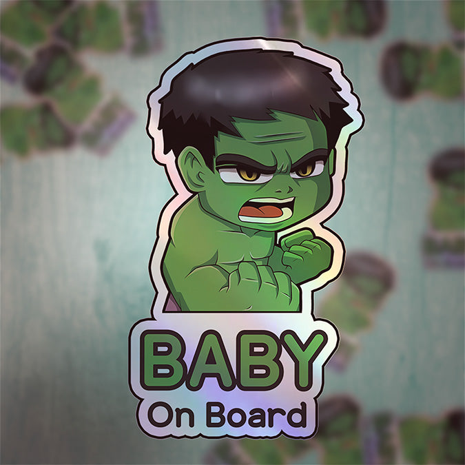 Holographic Baby On Board Hulk Sticker | Cute Marvel Superhero Inspired Chibi Car Decal | Baby Safety Sticker | Avengers Car Decor