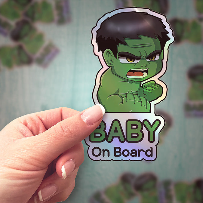 Holographic Baby On Board Hulk Sticker | Cute Marvel Superhero Inspired Chibi Car Decal | Baby Safety Sticker | Avengers Car Decor