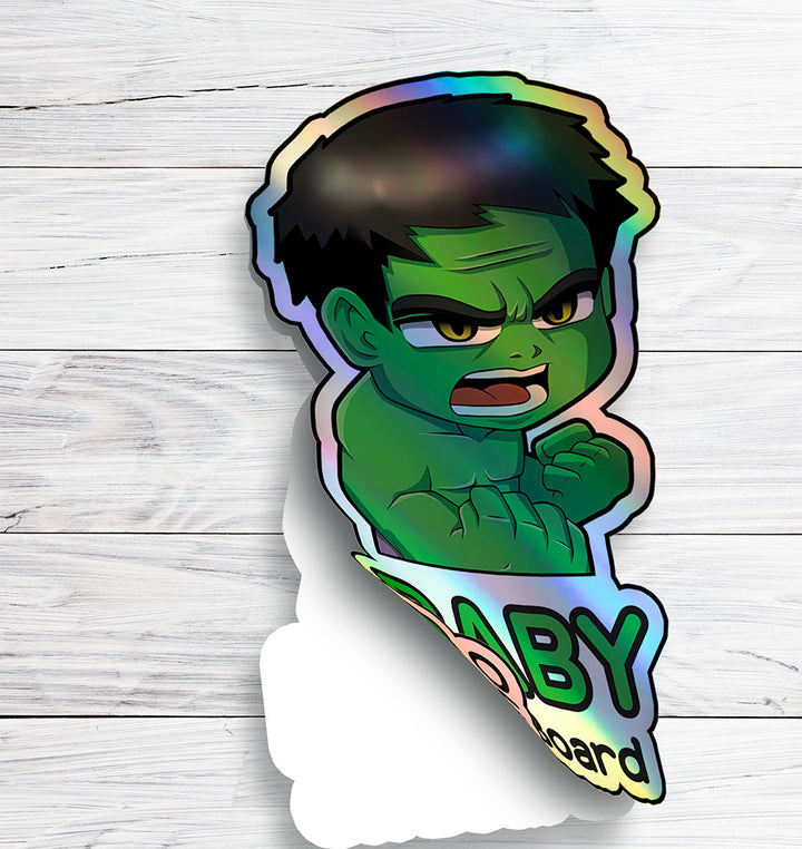 Holographic Baby On Board Hulk Sticker | Cute Marvel Superhero Inspired Chibi Car Decal | Baby Safety Sticker | Avengers Car Decor