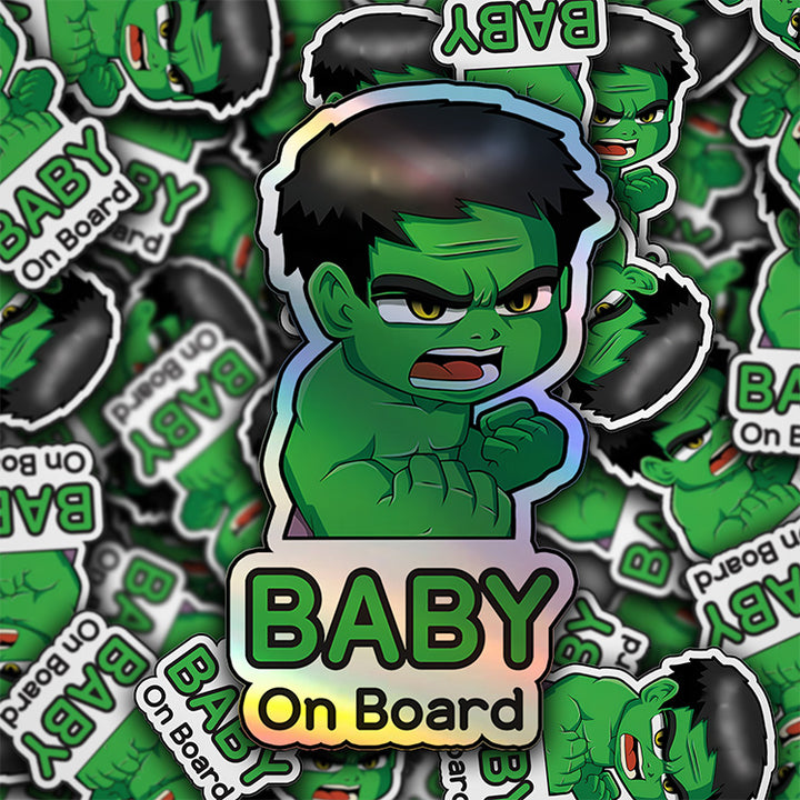 Holographic Baby On Board Hulk Sticker | Cute Marvel Superhero Inspired Chibi Car Decal | Baby Safety Sticker | Avengers Car Decor