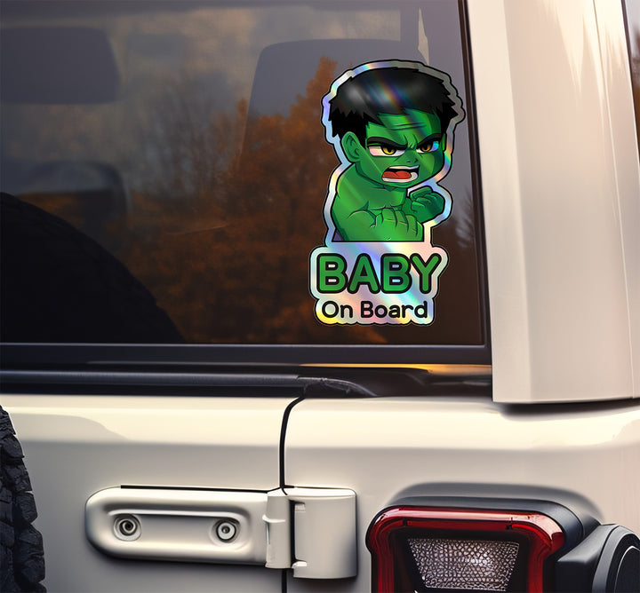 Holographic Baby On Board Hulk Sticker | Cute Marvel Superhero Inspired Chibi Car Decal | Baby Safety Sticker | Avengers Car Decor