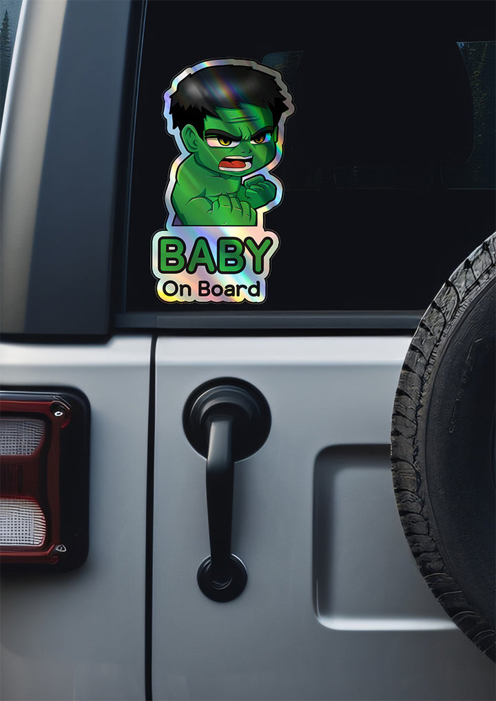 Holographic Baby On Board Hulk Sticker | Cute Marvel Superhero Inspired Chibi Car Decal | Baby Safety Sticker | Avengers Car Decor