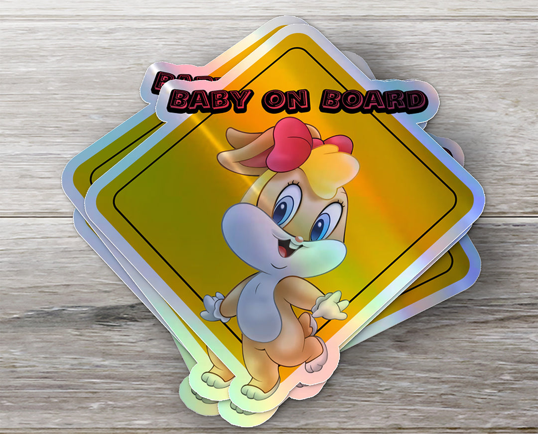 Baby on Board Car Window Sticker -Looney Tunes "Baby Lolo Bunny"-Waterproof & Holographic - Eye-catching Yellow Diamond Shape