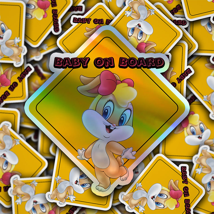 Baby on Board Car Window Sticker -Looney Tunes "Baby Lolo Bunny"-Waterproof & Holographic - Eye-catching Yellow Diamond Shape