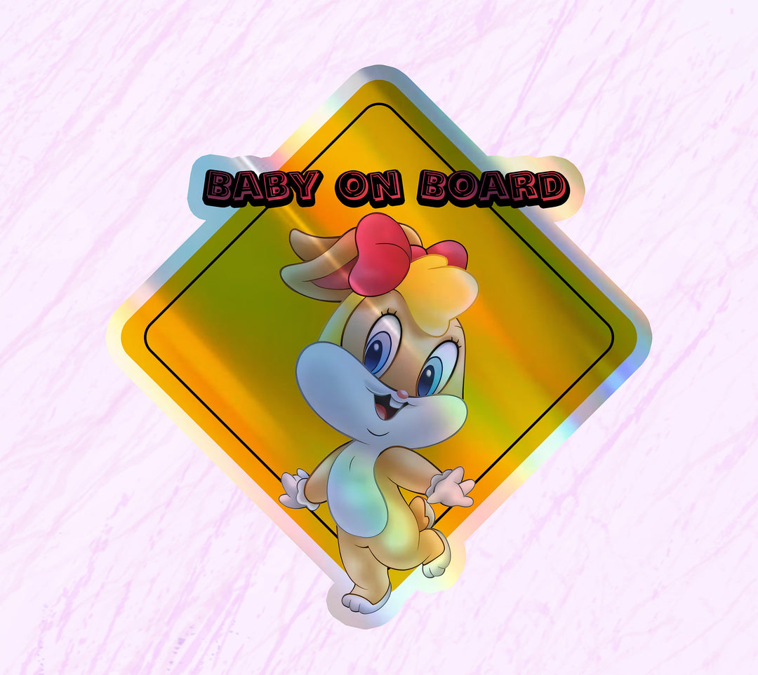 Baby on Board Car Window Sticker -Looney Tunes "Baby Lolo Bunny"-Waterproof & Holographic - Eye-catching Yellow Diamond Shape