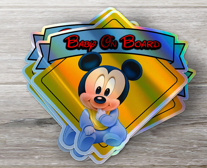 Baby Mickey - Baby on Board Car Window Sticker - Waterproof & Holographic - Eye-catching Yellow Diamond Shape