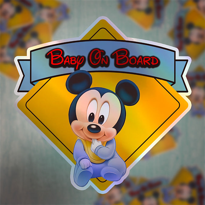 Baby Mickey - Baby on Board Car Window Sticker - Waterproof & Holographic - Eye-catching Yellow Diamond Shape