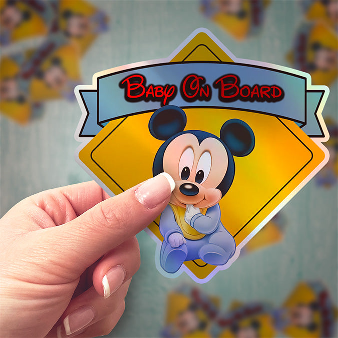 Baby Mickey - Baby on Board Car Window Sticker - Waterproof & Holographic - Eye-catching Yellow Diamond Shape