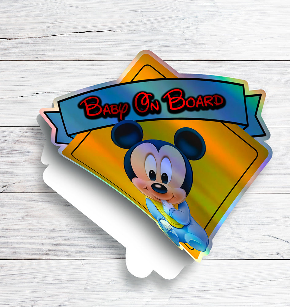 Baby Mickey - Baby on Board Car Window Sticker - Waterproof & Holographic - Eye-catching Yellow Diamond Shape