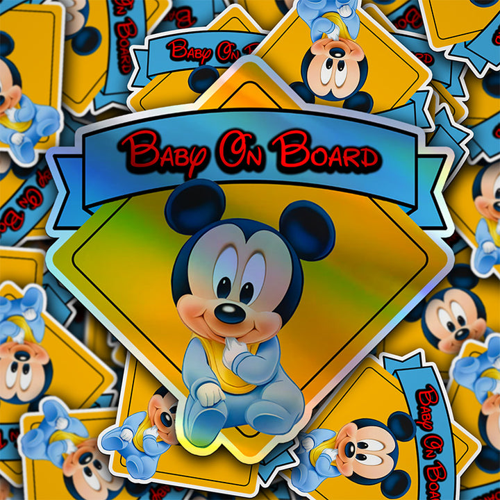 Baby Mickey - Baby on Board Car Window Sticker - Waterproof & Holographic - Eye-catching Yellow Diamond Shape