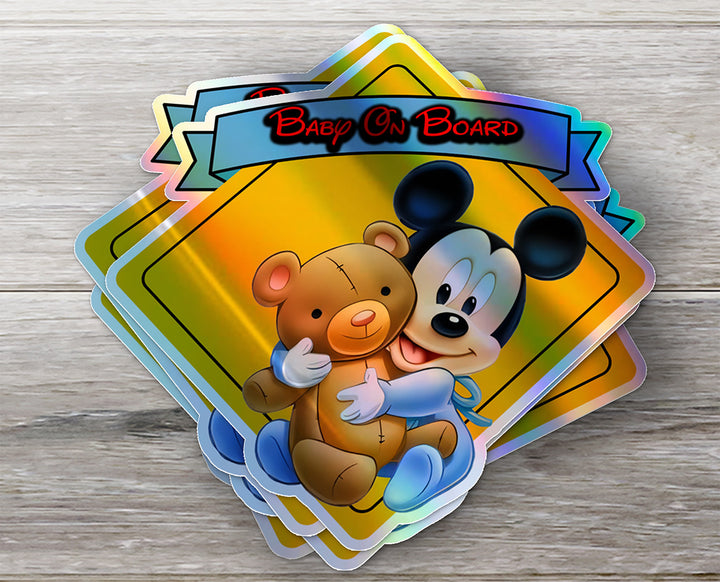 Baby Mickey Hugging a Teddy Bear - Baby on Board Car Window Sticker - Waterproof & Holographic - Eye-catching Yellow Diamond Shape