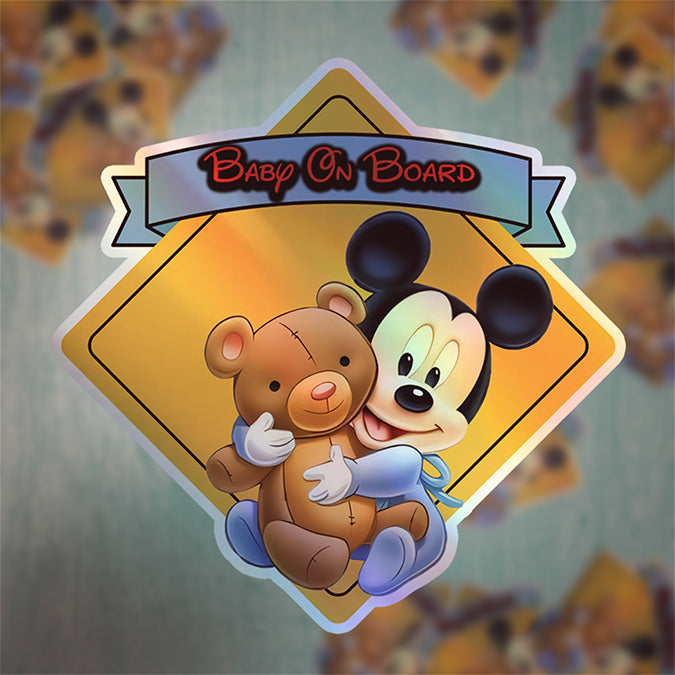 Baby Mickey Hugging a Teddy Bear - Baby on Board Car Window Sticker - Waterproof & Holographic - Eye-catching Yellow Diamond Shape