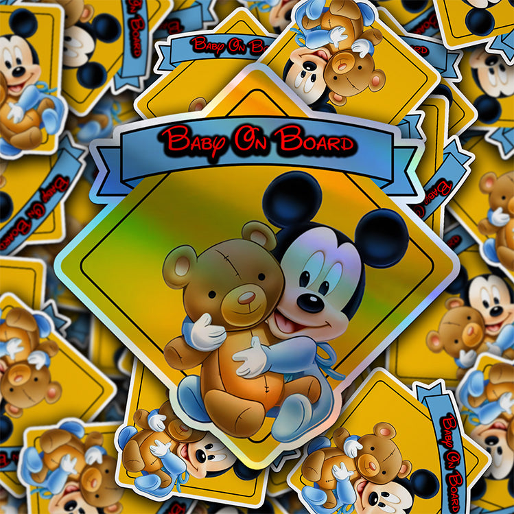 Baby Mickey Hugging a Teddy Bear - Baby on Board Car Window Sticker - Waterproof & Holographic - Eye-catching Yellow Diamond Shape