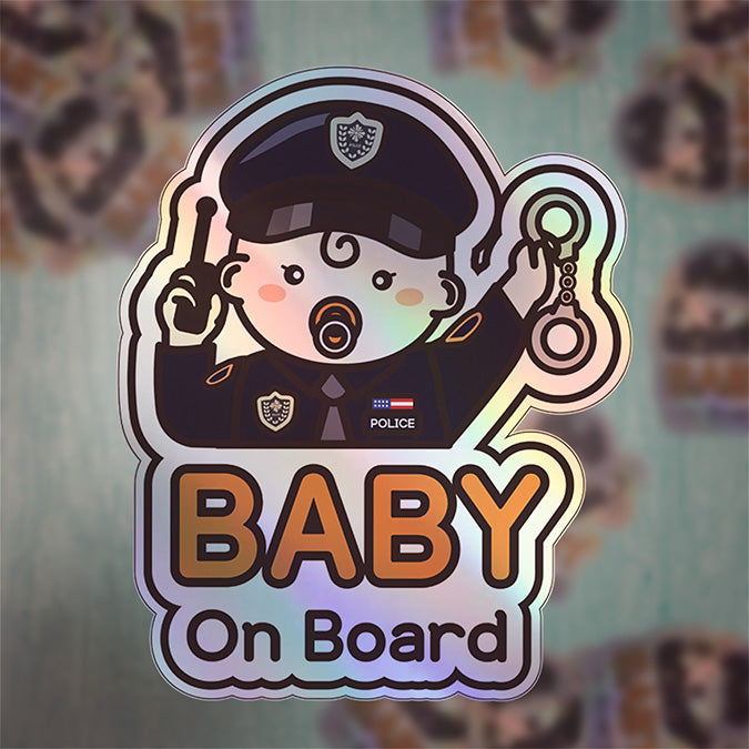 Baby on Board Car Sticker - Baby Boy Police Character Design  - Holographic & Weather-Resistant