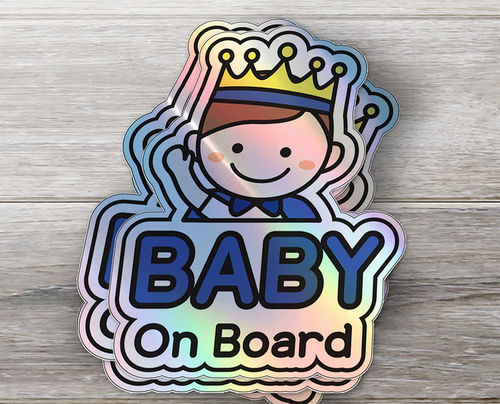 Baby on Board Car Sticker - Baby Prince Character Design  - Holographic & Weather-Resistant