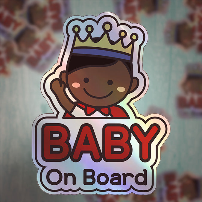 Baby on Board Car Sticker - Baby Prince Character Design  - Holographic & Weather-Resistant