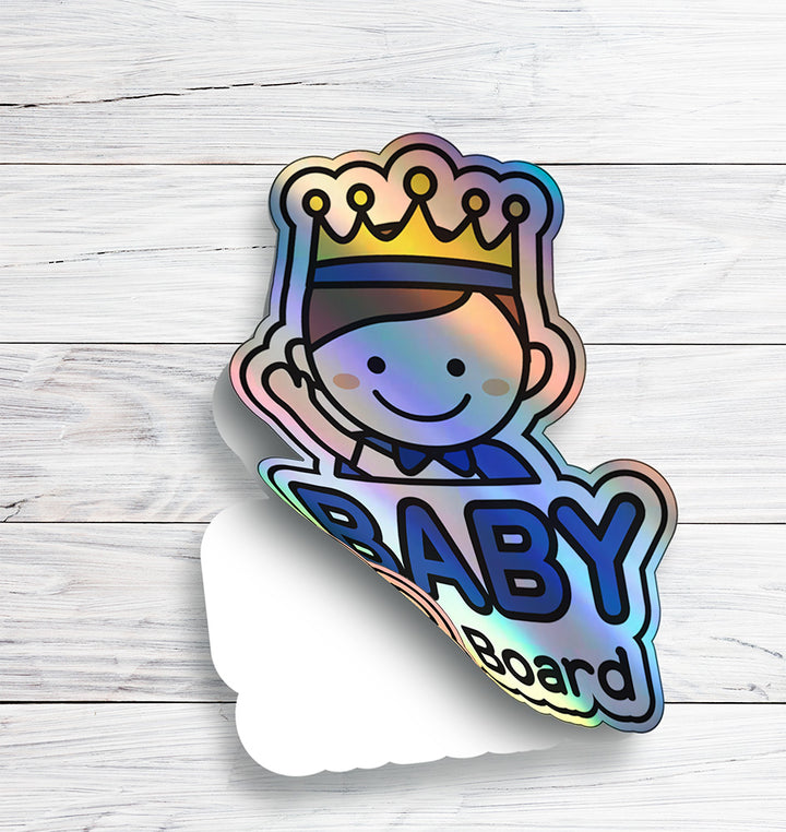 Baby on Board Car Sticker - Baby Prince Character Design  - Holographic & Weather-Resistant