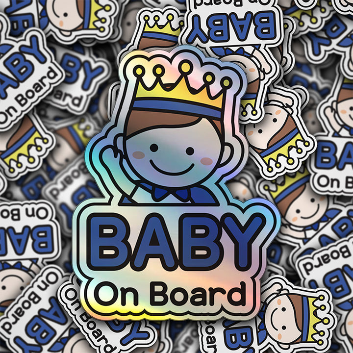 Baby on Board Car Sticker - Baby Prince Character Design  - Holographic & Weather-Resistant