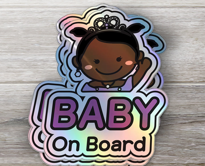 Baby on Board Car Sticker - Baby Princess Character Design  - Holographic & Weather-Resistant