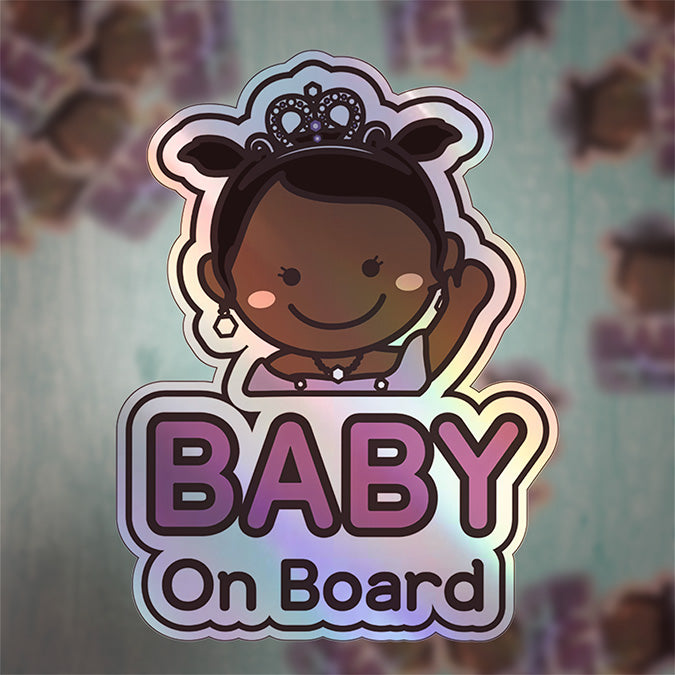 Baby on Board Car Sticker - Baby Princess Character Design  - Holographic & Weather-Resistant