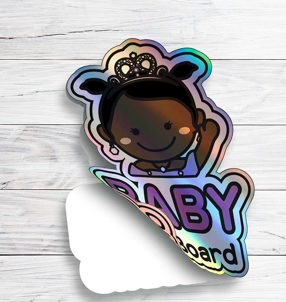 Baby on Board Car Sticker - Baby Princess Character Design  - Holographic & Weather-Resistant