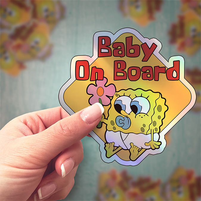 Baby on Board Sticker - Sweet Baby Sponge Design - Car Window Decal - Baby Safety Sign - Spongebob Squarepants Inspired Sticker - Cute Kids Car Accessories