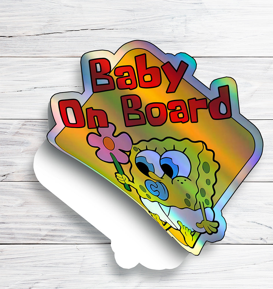 Baby on Board Sticker - Sweet Baby Sponge Design - Car Window Decal - Baby Safety Sign - Spongebob Squarepants Inspired Sticker - Cute Kids Car Accessories