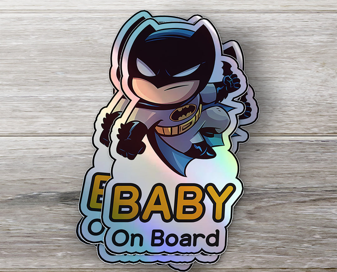 Holographic Baby On Board Batman Sticker | Cute DC Superhero Inspired Chibi Car Decal | Baby Safety Sticker | Gotham Car Deco