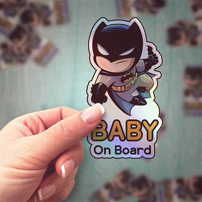 Holographic Baby On Board Batman Sticker | Cute DC Superhero Inspired Chibi Car Decal | Baby Safety Sticker | Gotham Car Deco