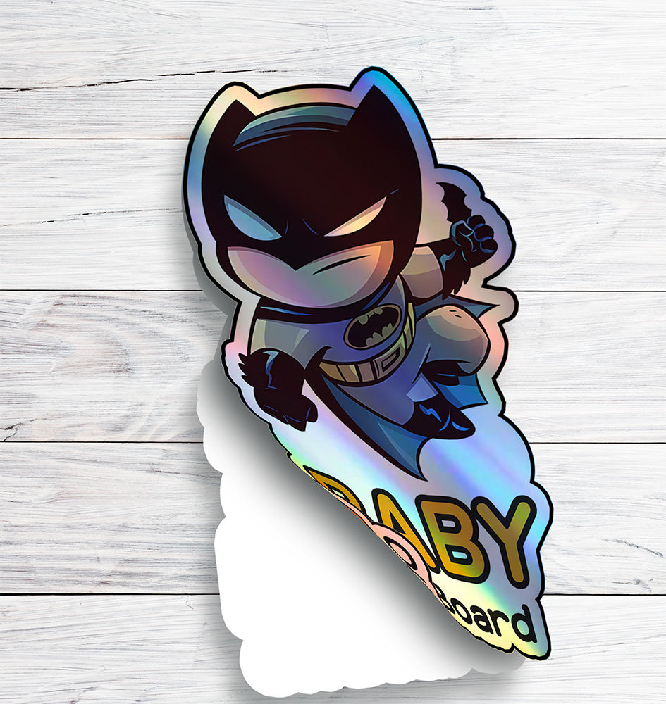 Holographic Baby On Board Batman Sticker | Cute DC Superhero Inspired Chibi Car Decal | Baby Safety Sticker | Gotham Car Deco