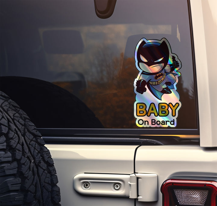 Holographic Baby On Board Batman Sticker | Cute DC Superhero Inspired Chibi Car Decal | Baby Safety Sticker | Gotham Car Deco