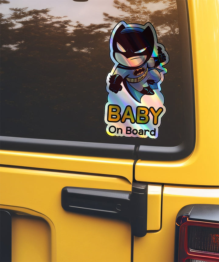 Holographic Baby On Board Batman Sticker | Cute DC Superhero Inspired Chibi Car Decal | Baby Safety Sticker | Gotham Car Deco