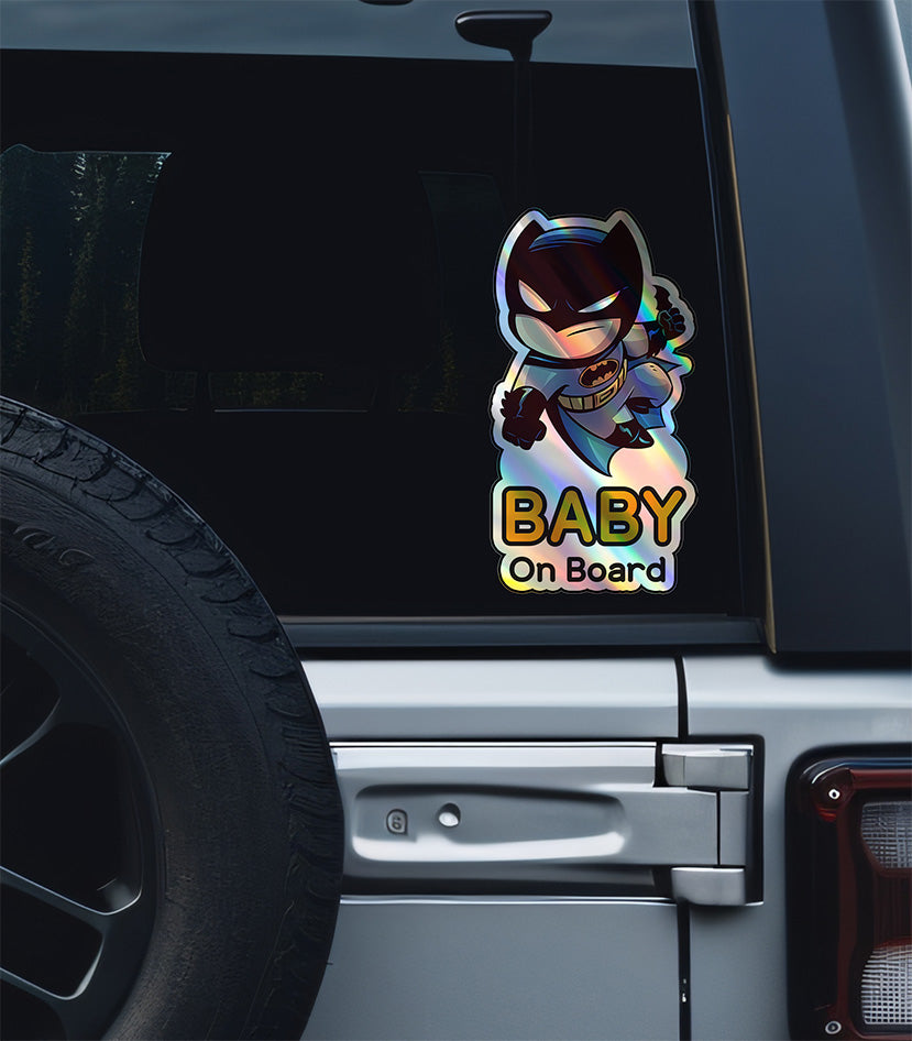 Holographic Baby On Board Batman Sticker | Cute DC Superhero Inspired Chibi Car Decal | Baby Safety Sticker | Gotham Car Deco